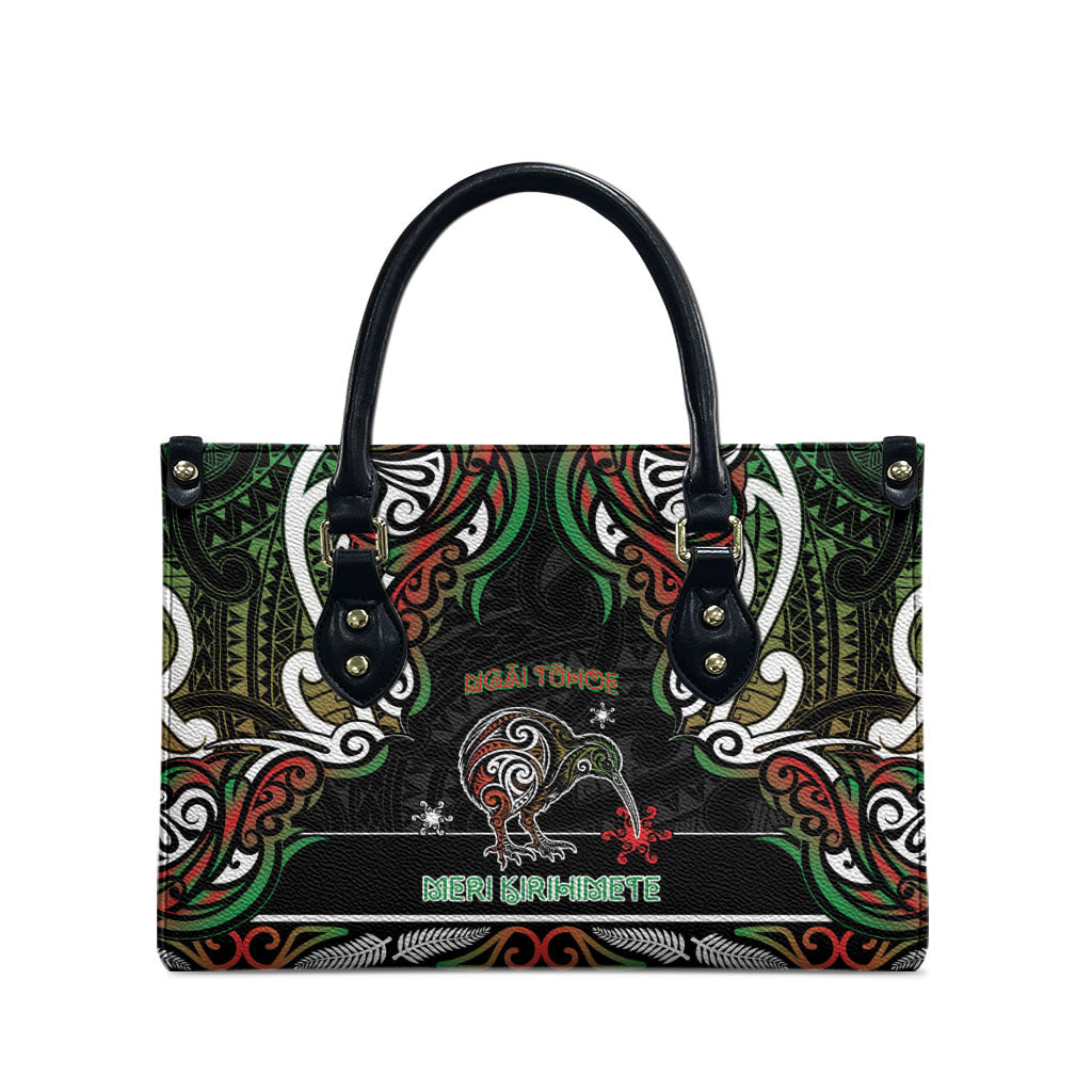 Ngai Tuhoe Aotearoa Meri Kirihimete Leather Bag Maori Kiwi Bird Silver Fern Koru Pattern