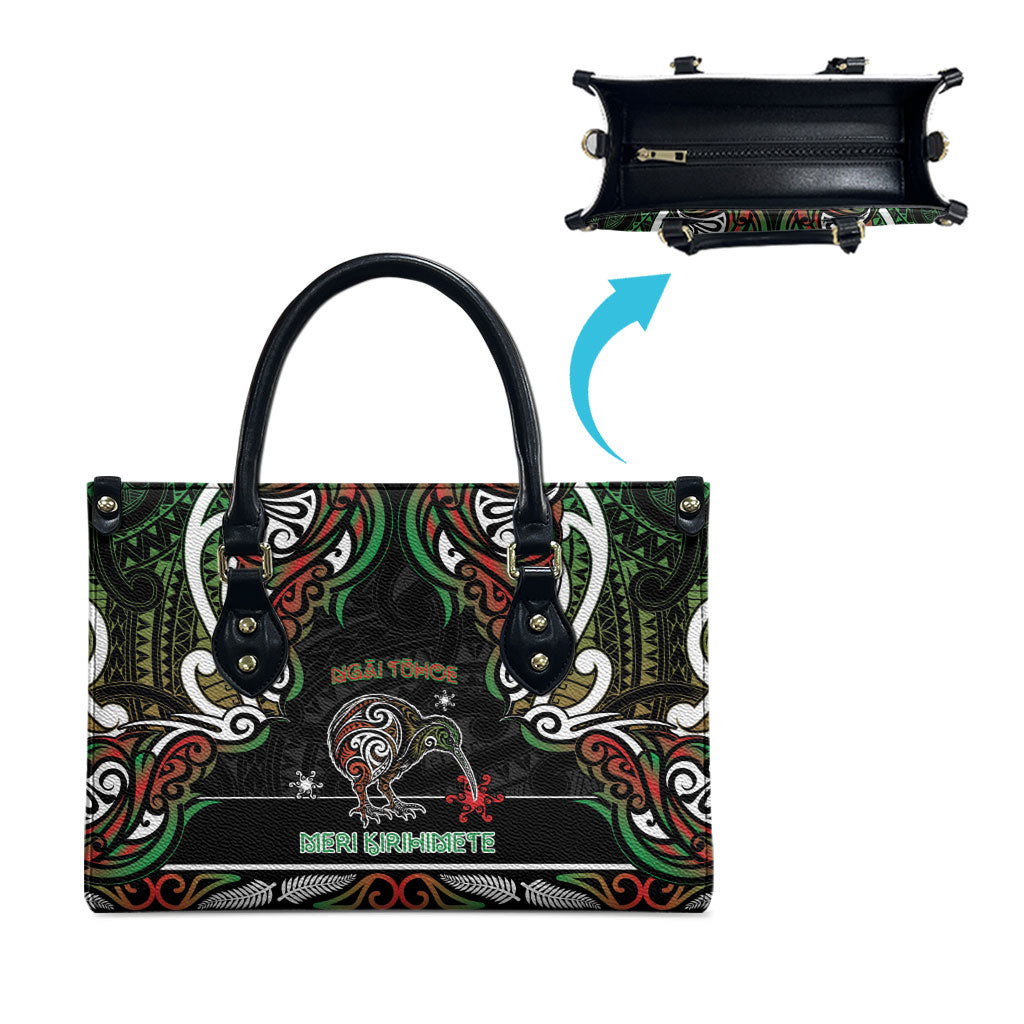 Ngai Tuhoe Aotearoa Meri Kirihimete Leather Bag Maori Kiwi Bird Silver Fern Koru Pattern