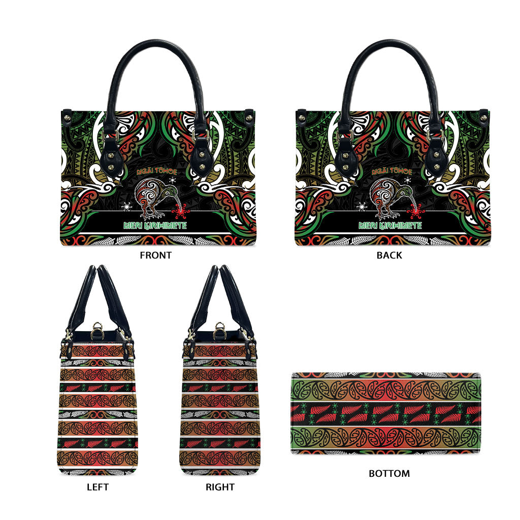 Ngai Tuhoe Aotearoa Meri Kirihimete Leather Bag Maori Kiwi Bird Silver Fern Koru Pattern