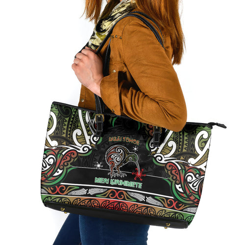 Ngai Tuhoe Aotearoa Meri Kirihimete Leather Tote Bag Maori Kiwi Bird Silver Fern Koru Pattern