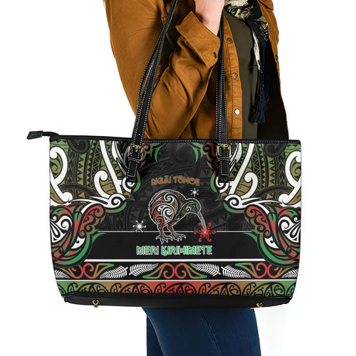 Ngai Tuhoe Aotearoa Meri Kirihimete Leather Tote Bag Maori Kiwi Bird Silver Fern Koru Pattern