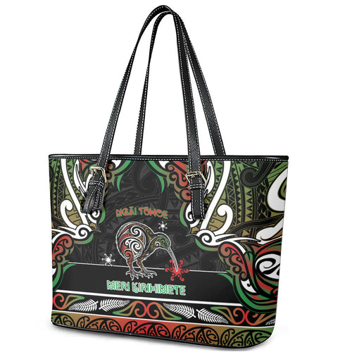 Ngai Tuhoe Aotearoa Meri Kirihimete Leather Tote Bag Maori Kiwi Bird Silver Fern Koru Pattern