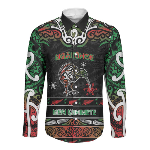 Personalised Ngai Tuhoe Aotearoa Meri Kirihimete Long Sleeve Button Shirt Maori Kiwi Bird Silver Fern Koru Pattern