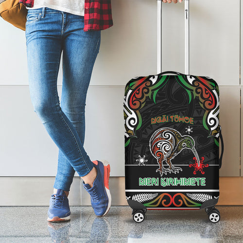 Ngai Tuhoe Aotearoa Meri Kirihimete Luggage Cover Maori Kiwi Bird Silver Fern Koru Pattern