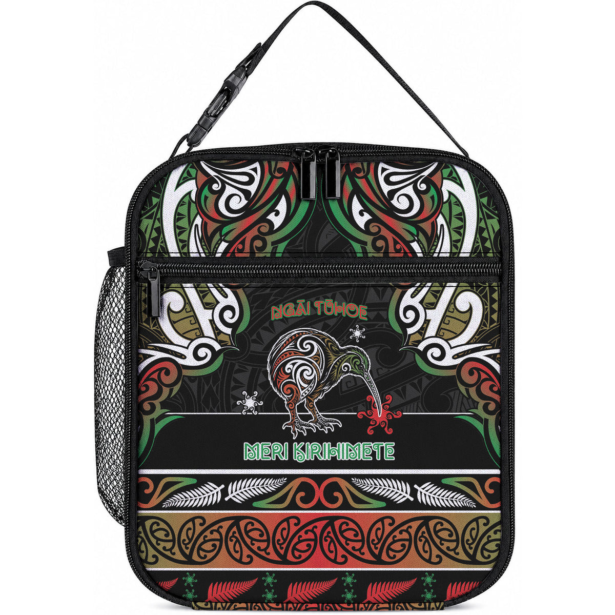 Ngai Tuhoe Aotearoa Meri Kirihimete Lunch Bag Maori Kiwi Bird Silver Fern Koru Pattern