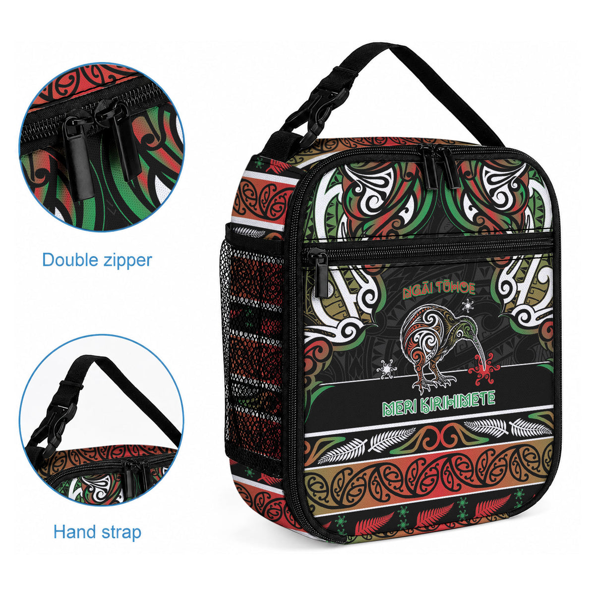 Ngai Tuhoe Aotearoa Meri Kirihimete Lunch Bag Maori Kiwi Bird Silver Fern Koru Pattern