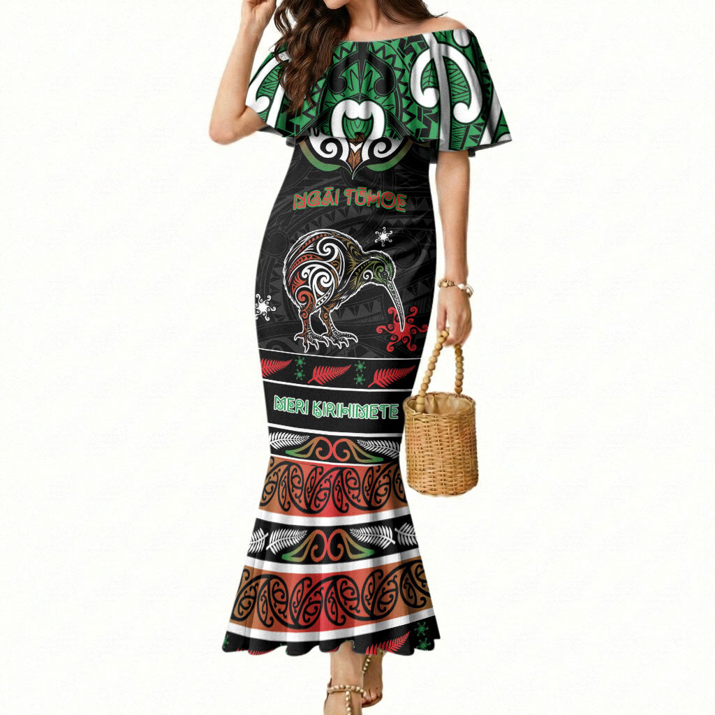 Personalised Ngai Tuhoe Aotearoa Meri Kirihimete Mermaid Dress Maori Kiwi Bird Silver Fern Koru Pattern