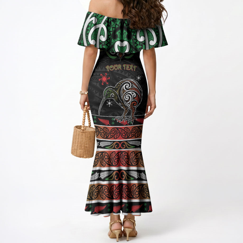 Personalised Ngai Tuhoe Aotearoa Meri Kirihimete Mermaid Dress Maori Kiwi Bird Silver Fern Koru Pattern