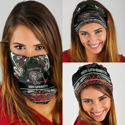 Ngai Tuhoe Aotearoa Meri Kirihimete Neck Gaiter Maori Kiwi Bird Silver Fern Koru Pattern