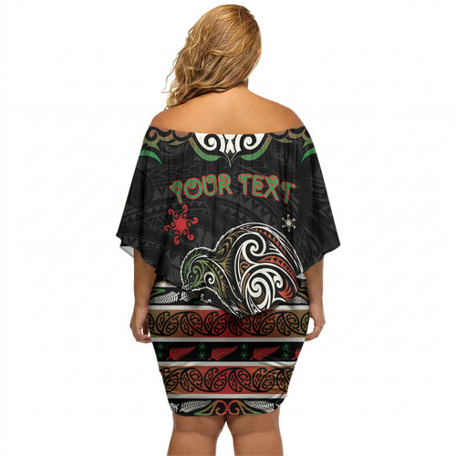 Personalised Ngai Tuhoe Aotearoa Meri Kirihimete Off Shoulder Short Dress Maori Kiwi Bird Silver Fern Koru Pattern