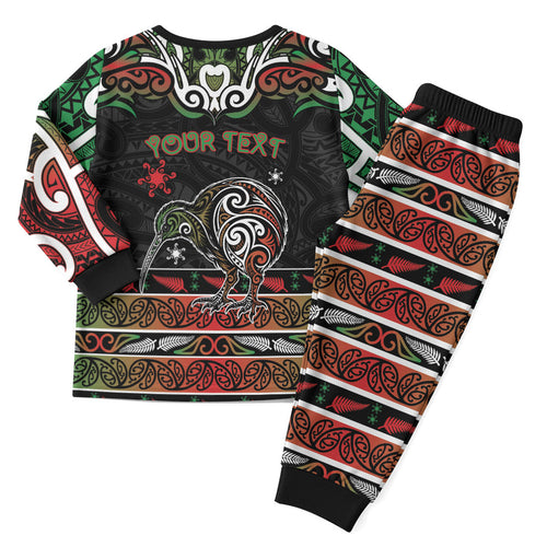 Personalised Ngai Tuhoe Aotearoa Meri Kirihimete Christmas Pajama Set Maori Kiwi Bird Silver Fern Koru Pattern