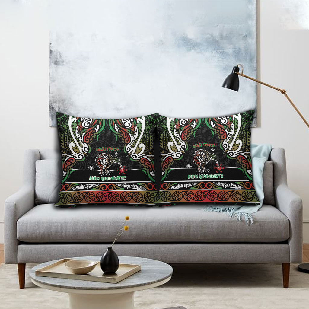 Ngai Tuhoe Aotearoa Meri Kirihimete Pillow Cover Maori Kiwi Bird Silver Fern Koru Pattern