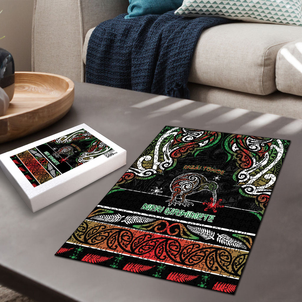 Ngai Tuhoe Aotearoa Meri Kirihimete Puzzle Maori Kiwi Bird Silver Fern Koru Pattern