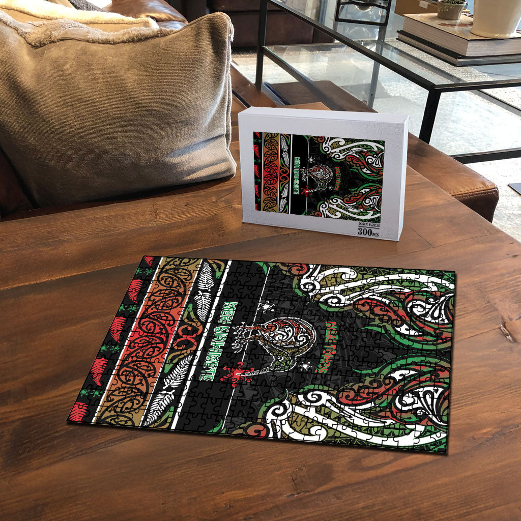Ngai Tuhoe Aotearoa Meri Kirihimete Puzzle Maori Kiwi Bird Silver Fern Koru Pattern