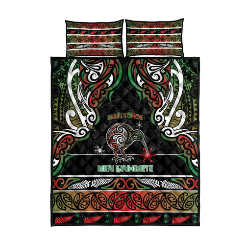 Ngai Tuhoe Aotearoa Meri Kirihimete Quilt Bed Set Maori Kiwi Bird Silver Fern Koru Pattern