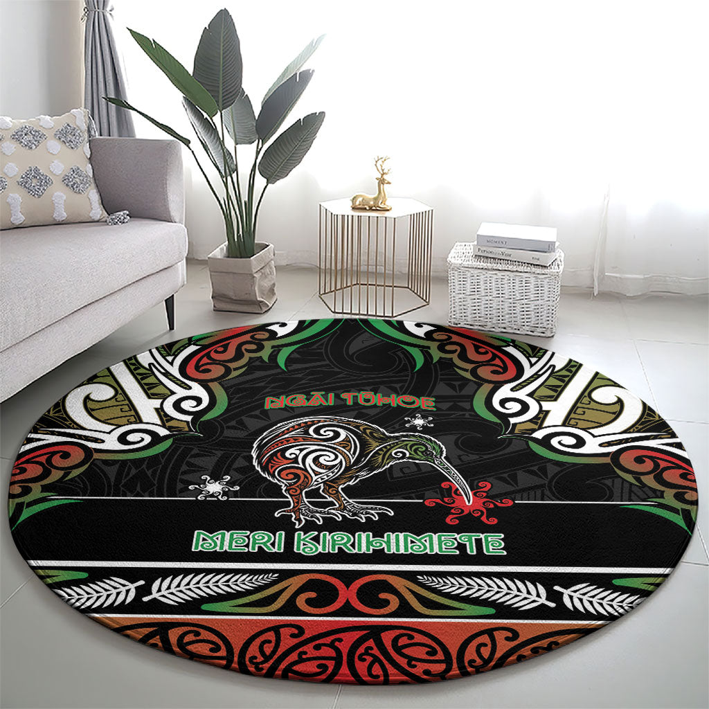 Ngai Tuhoe Aotearoa Meri Kirihimete Round Carpet Maori Kiwi Bird Silver Fern Koru Pattern