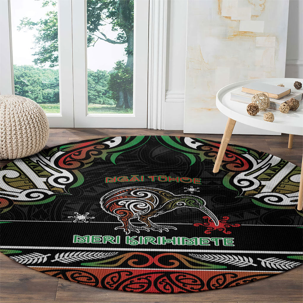 Ngai Tuhoe Aotearoa Meri Kirihimete Round Carpet Maori Kiwi Bird Silver Fern Koru Pattern