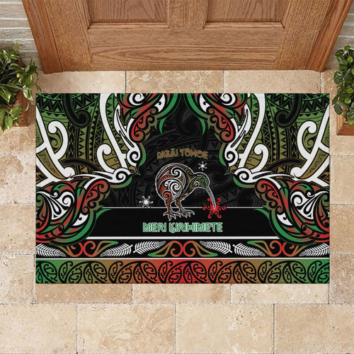Ngai Tuhoe Aotearoa Meri Kirihimete Rubber Doormat Maori Kiwi Bird Silver Fern Koru Pattern