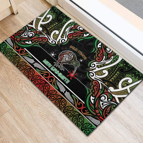 Ngai Tuhoe Aotearoa Meri Kirihimete Rubber Doormat Maori Kiwi Bird Silver Fern Koru Pattern