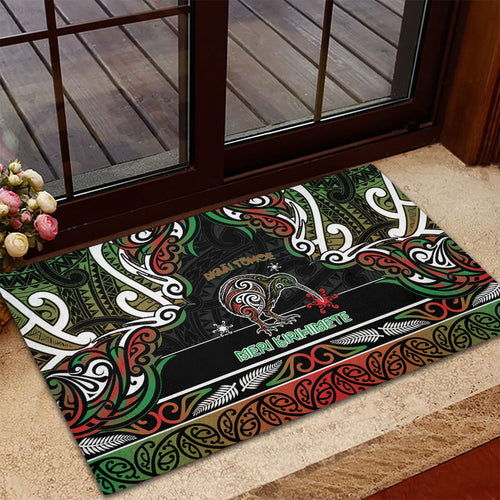 Ngai Tuhoe Aotearoa Meri Kirihimete Rubber Doormat Maori Kiwi Bird Silver Fern Koru Pattern