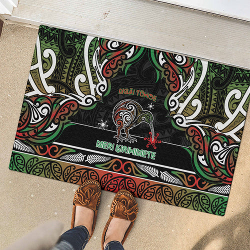 Ngai Tuhoe Aotearoa Meri Kirihimete Rubber Doormat Maori Kiwi Bird Silver Fern Koru Pattern