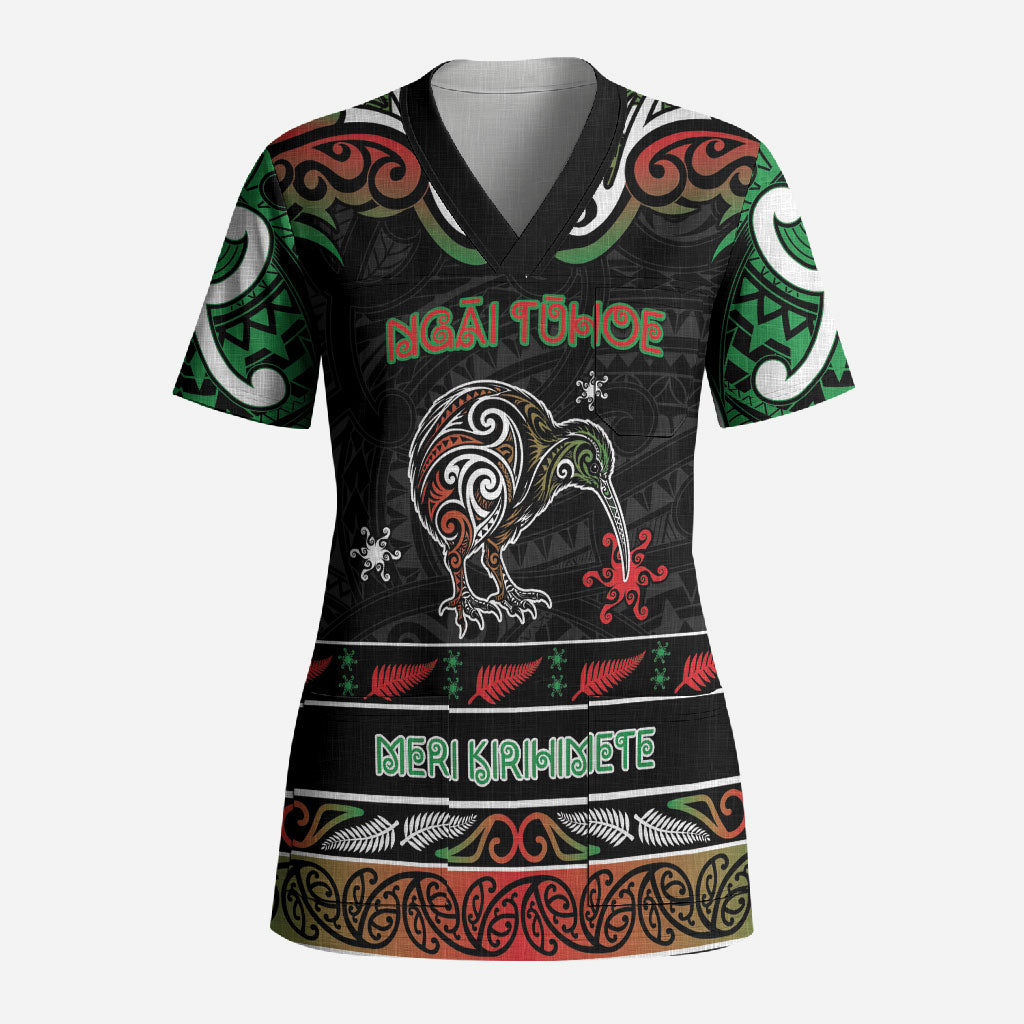 Personalised Ngai Tuhoe Aotearoa Meri Kirihimete Scrub Top Maori Kiwi Bird Silver Fern Koru Pattern
