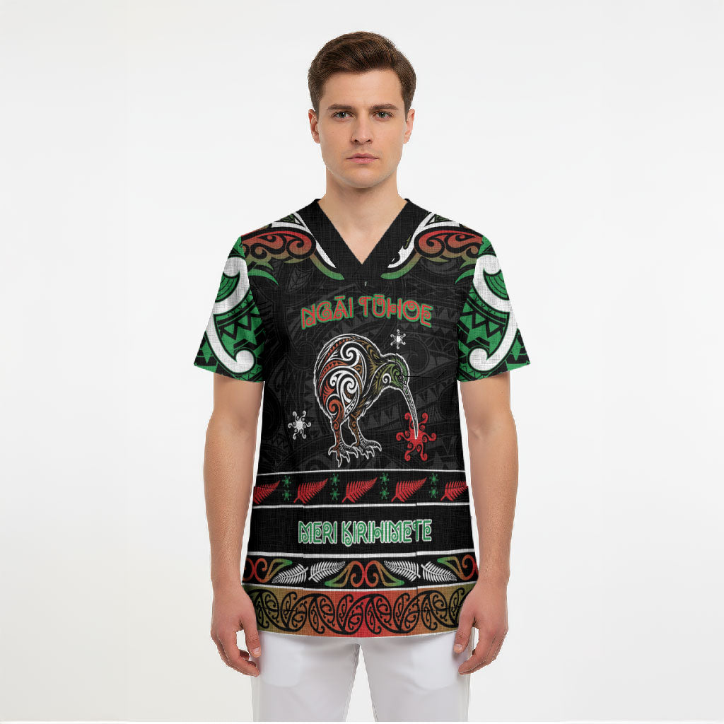 Personalised Ngai Tuhoe Aotearoa Meri Kirihimete Scrub Top Maori Kiwi Bird Silver Fern Koru Pattern
