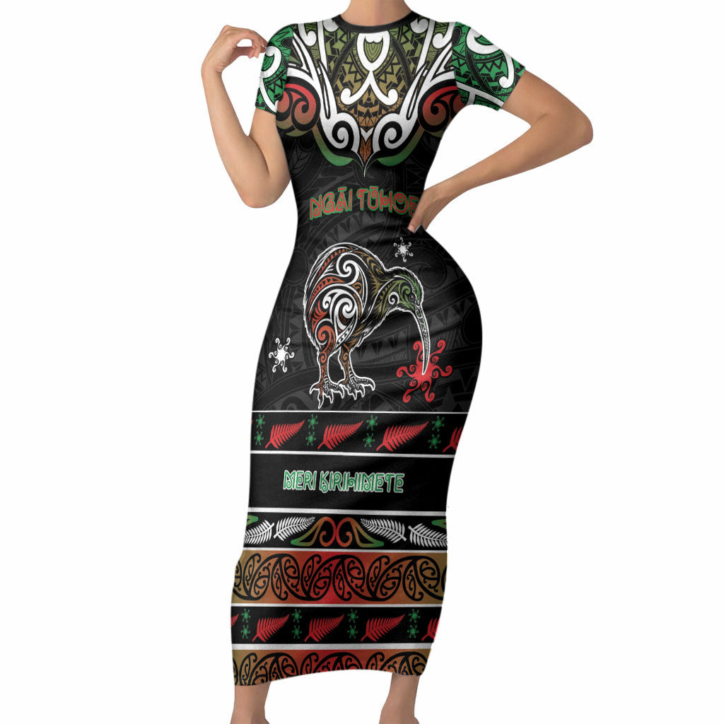 Personalised Ngai Tuhoe Aotearoa Meri Kirihimete Short Sleeve Bodycon Dress Maori Kiwi Bird Silver Fern Koru Pattern