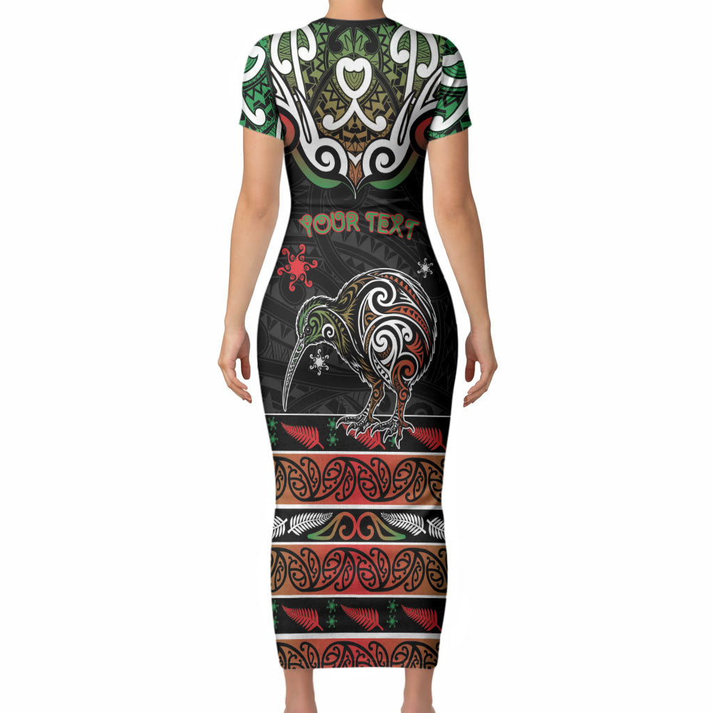 Personalised Ngai Tuhoe Aotearoa Meri Kirihimete Short Sleeve Bodycon Dress Maori Kiwi Bird Silver Fern Koru Pattern