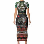 Personalised Ngai Tuhoe Aotearoa Meri Kirihimete Short Sleeve Bodycon Dress Maori Kiwi Bird Silver Fern Koru Pattern