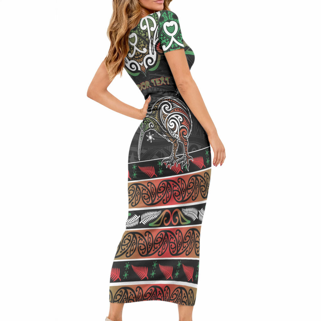 Personalised Ngai Tuhoe Aotearoa Meri Kirihimete Short Sleeve Bodycon Dress Maori Kiwi Bird Silver Fern Koru Pattern