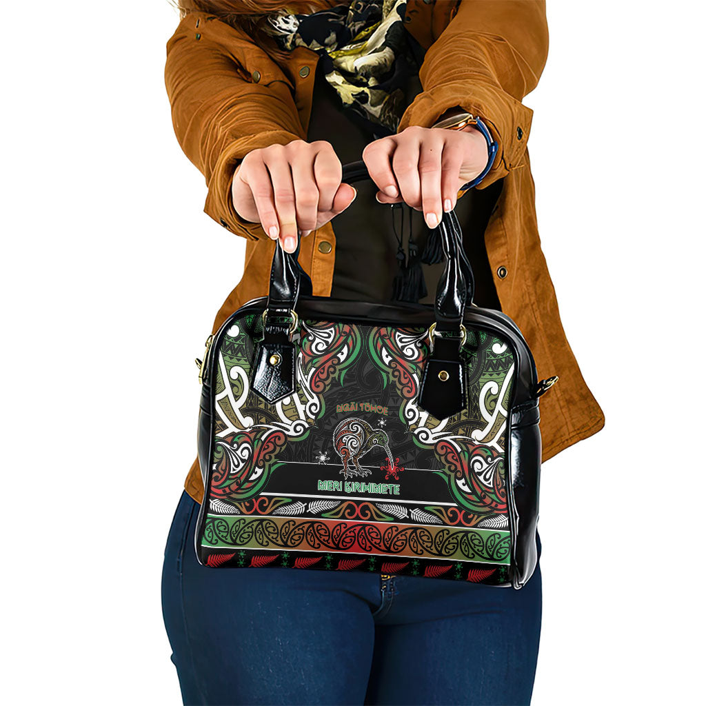 Ngai Tuhoe Aotearoa Meri Kirihimete Shoulder Handbag Maori Kiwi Bird Silver Fern Koru Pattern