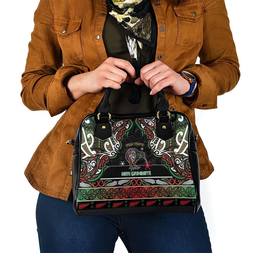 Ngai Tuhoe Aotearoa Meri Kirihimete Shoulder Handbag Maori Kiwi Bird Silver Fern Koru Pattern