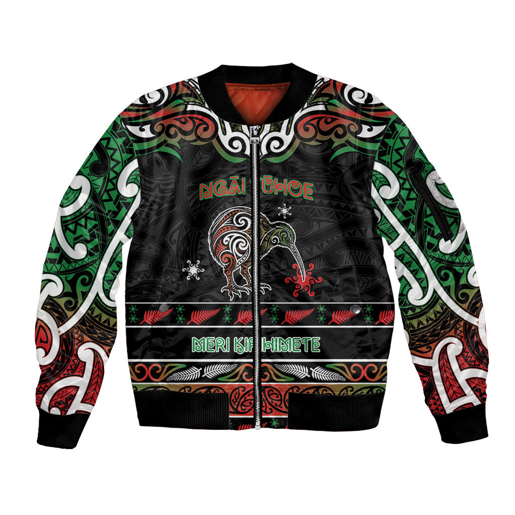 Personalised Ngai Tuhoe Aotearoa Meri Kirihimete Sleeve Zip Bomber Jacket Maori Kiwi Bird Silver Fern Koru Pattern