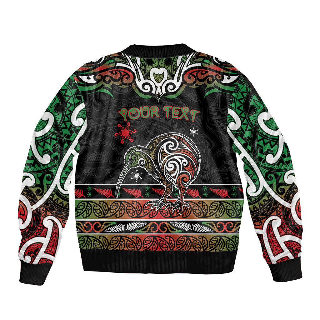 Personalised Ngai Tuhoe Aotearoa Meri Kirihimete Sleeve Zip Bomber Jacket Maori Kiwi Bird Silver Fern Koru Pattern
