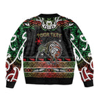Personalised Ngai Tuhoe Aotearoa Meri Kirihimete Sleeve Zip Bomber Jacket Maori Kiwi Bird Silver Fern Koru Pattern