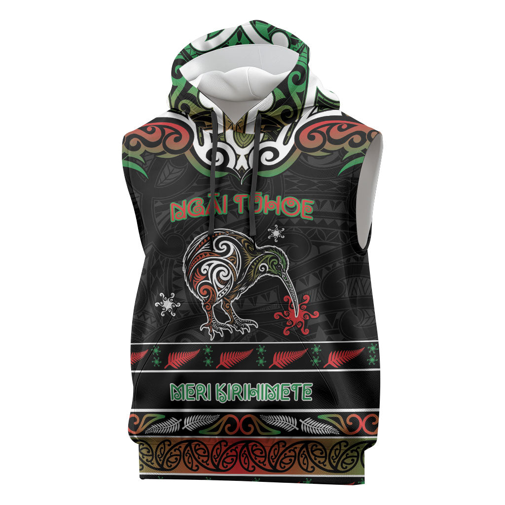 Personalised Ngai Tuhoe Aotearoa Meri Kirihimete Sleeveless Hoodie Maori Kiwi Bird Silver Fern Koru Pattern