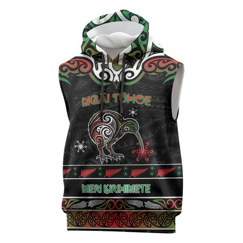 Personalised Ngai Tuhoe Aotearoa Meri Kirihimete Sleeveless Hoodie Maori Kiwi Bird Silver Fern Koru Pattern