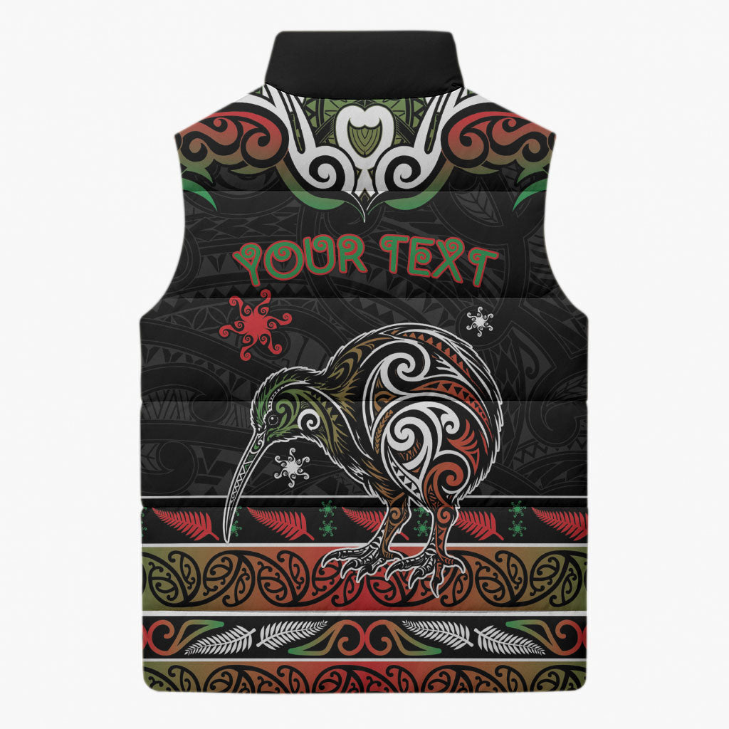 Personalised Ngai Tuhoe Aotearoa Meri Kirihimete Sleeveless Puffer Jacket Maori Kiwi Bird Silver Fern Koru Pattern