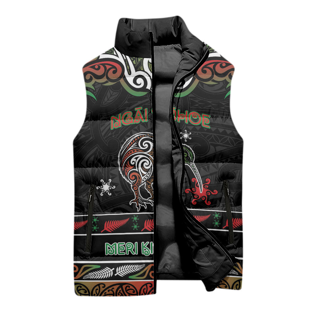 Personalised Ngai Tuhoe Aotearoa Meri Kirihimete Sleeveless Puffer Jacket Maori Kiwi Bird Silver Fern Koru Pattern