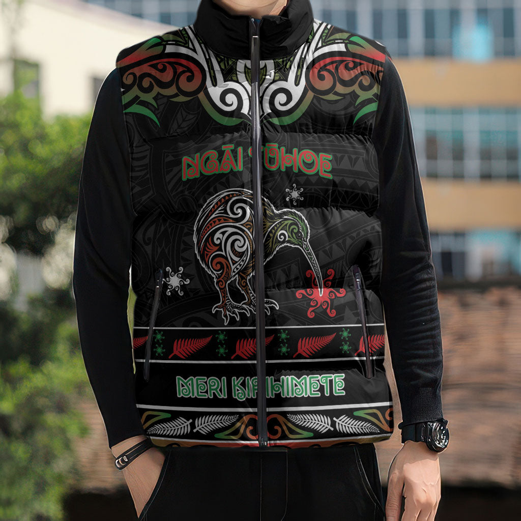 Personalised Ngai Tuhoe Aotearoa Meri Kirihimete Sleeveless Puffer Jacket Maori Kiwi Bird Silver Fern Koru Pattern