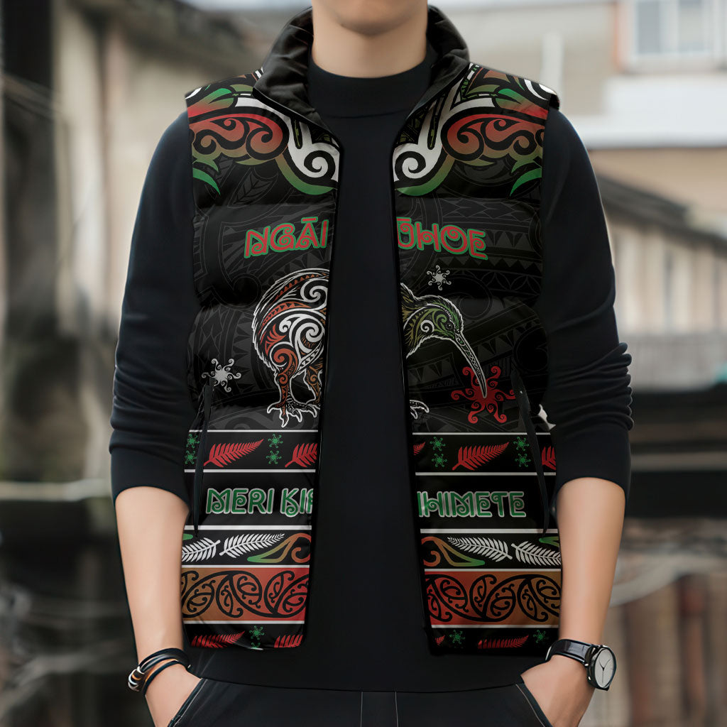 Personalised Ngai Tuhoe Aotearoa Meri Kirihimete Sleeveless Puffer Jacket Maori Kiwi Bird Silver Fern Koru Pattern