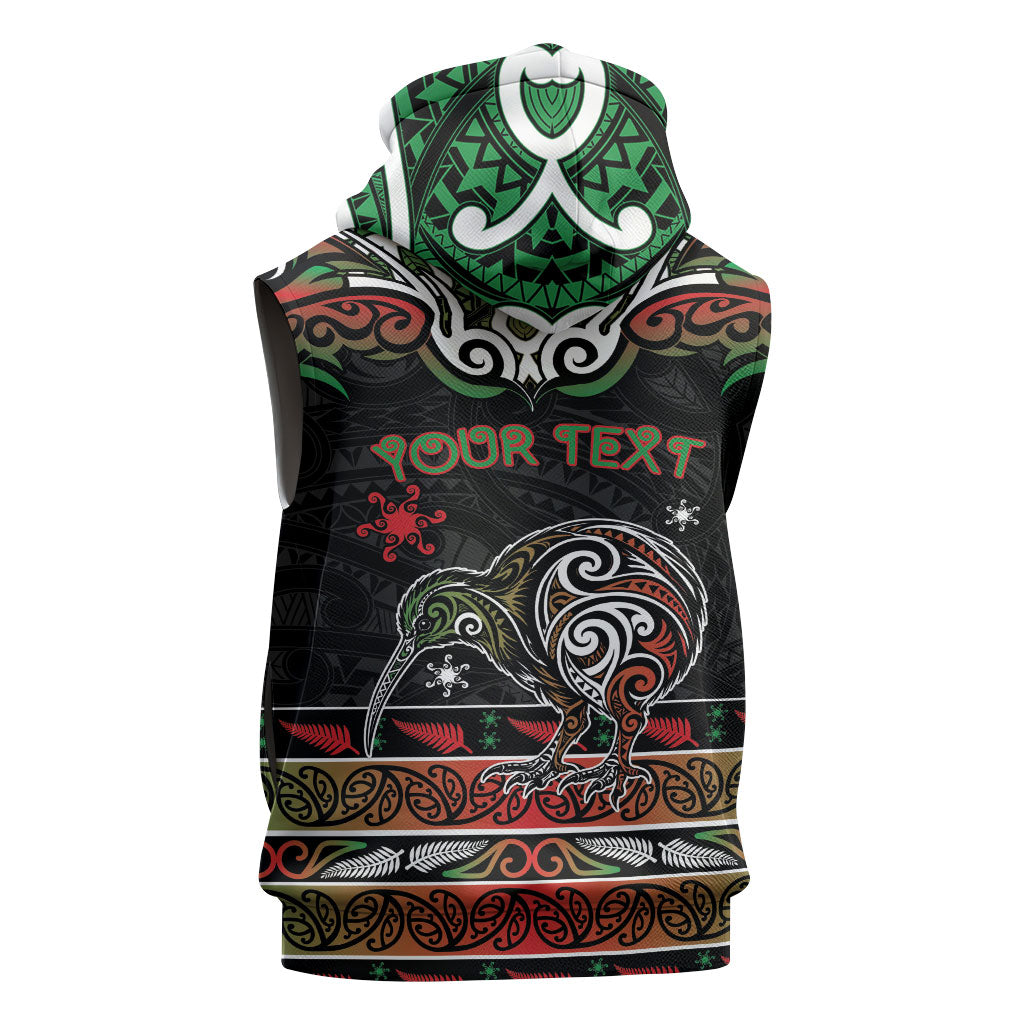 Personalised Ngai Tuhoe Aotearoa Meri Kirihimete Sleeveless Zip Hoodie Maori Kiwi Bird Silver Fern Koru Pattern
