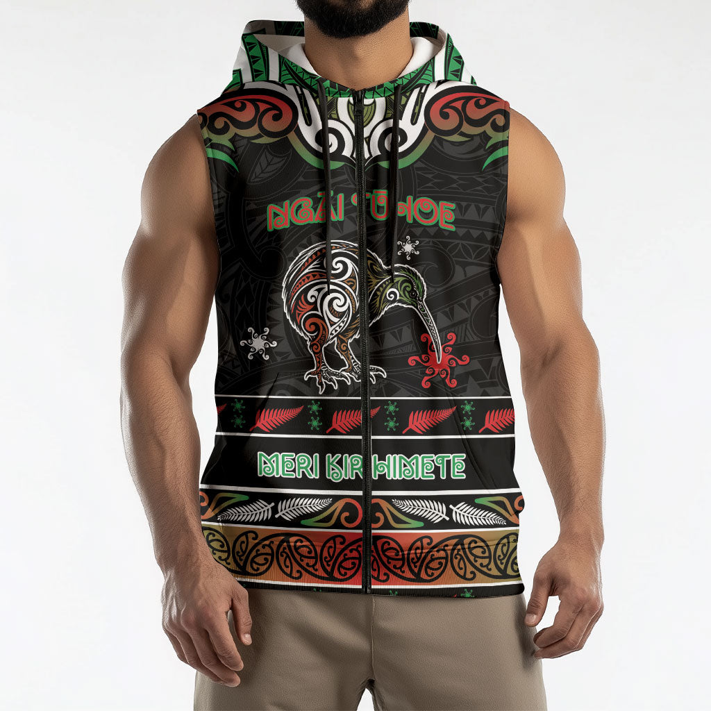 Personalised Ngai Tuhoe Aotearoa Meri Kirihimete Sleeveless Zip Hoodie Maori Kiwi Bird Silver Fern Koru Pattern