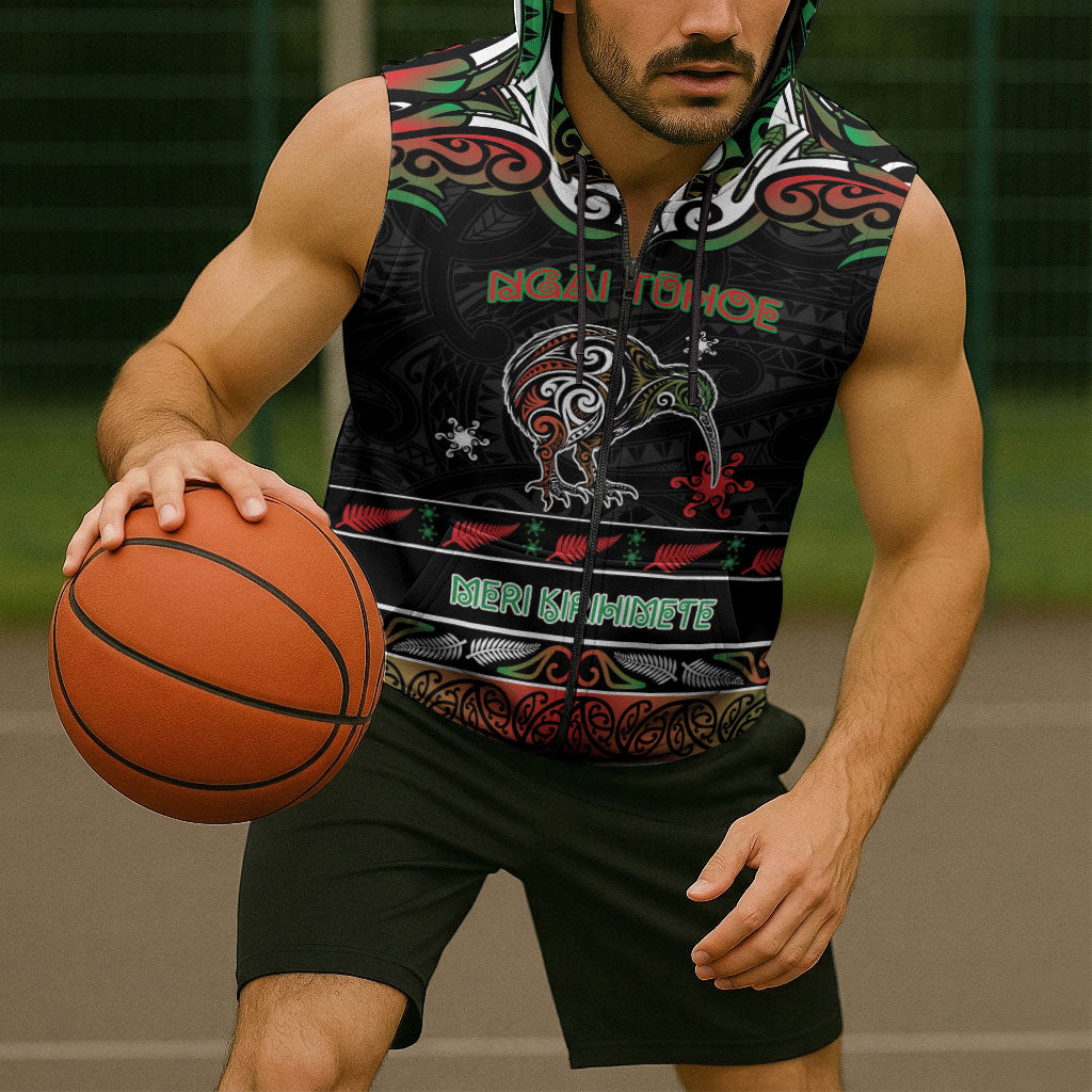 Personalised Ngai Tuhoe Aotearoa Meri Kirihimete Sleeveless Zip Hoodie Maori Kiwi Bird Silver Fern Koru Pattern
