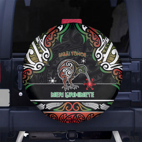 Ngai Tuhoe Aotearoa Meri Kirihimete Spare Tire Cover Maori Kiwi Bird Silver Fern Koru Pattern