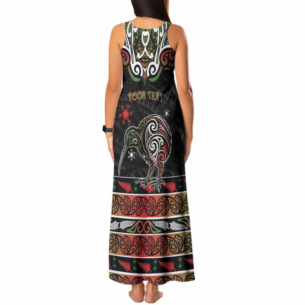 Personalised Ngai Tuhoe Aotearoa Meri Kirihimete Tank Maxi Dress Maori Kiwi Bird Silver Fern Koru Pattern