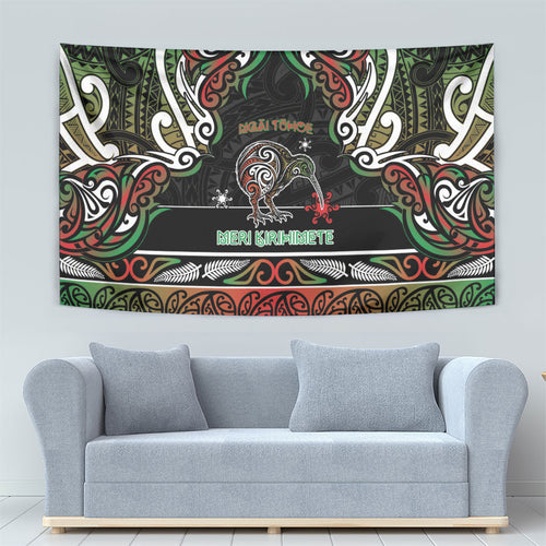 Ngai Tuhoe Aotearoa Meri Kirihimete Tapestry Maori Kiwi Bird Silver Fern Koru Pattern
