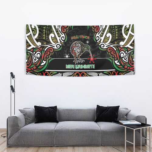Ngai Tuhoe Aotearoa Meri Kirihimete Tapestry Maori Kiwi Bird Silver Fern Koru Pattern