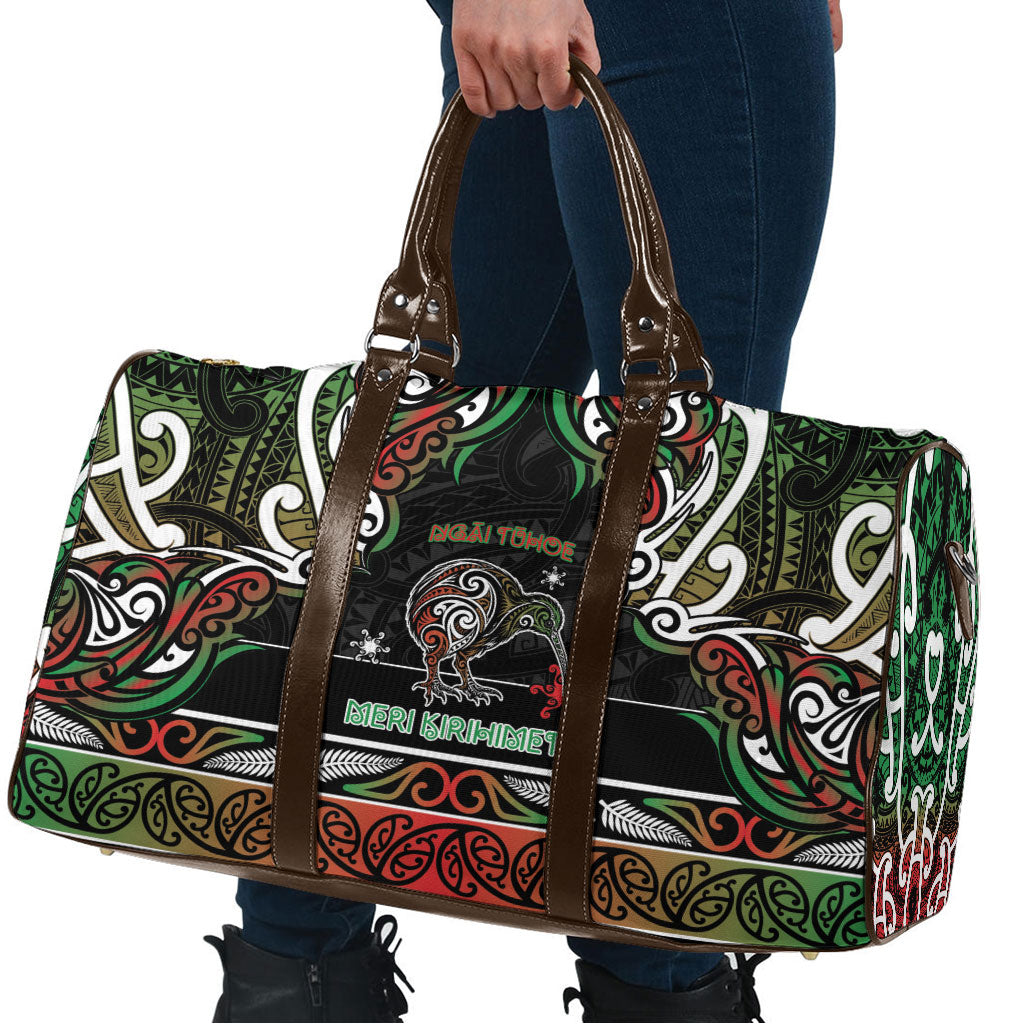 Ngai Tuhoe Aotearoa Meri Kirihimete Travel Bag Maori Kiwi Bird Silver Fern Koru Pattern